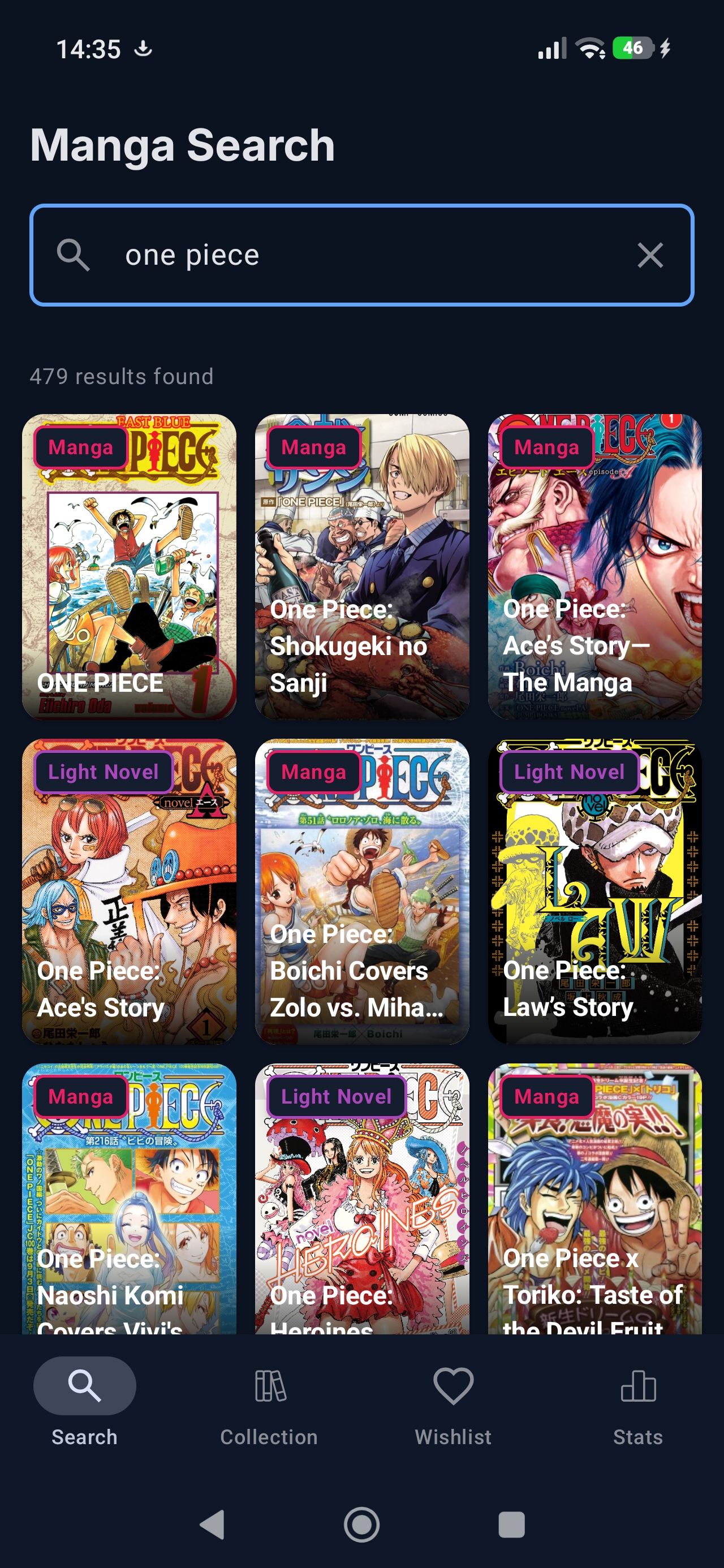 Manga search results for one piece with type badges